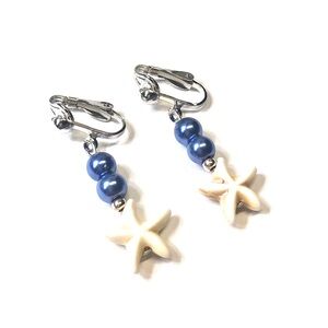 Handmade Navy White Starfish Clip-On Earrings Women Gift Summer Beach